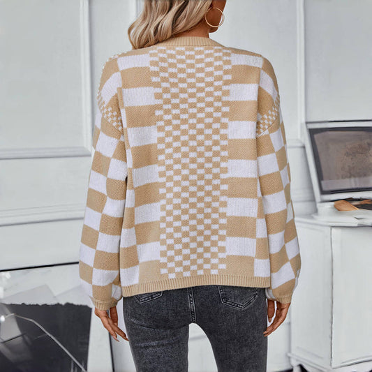 Nathalie | Cardigan Tricoté Décontracté à Carreaux