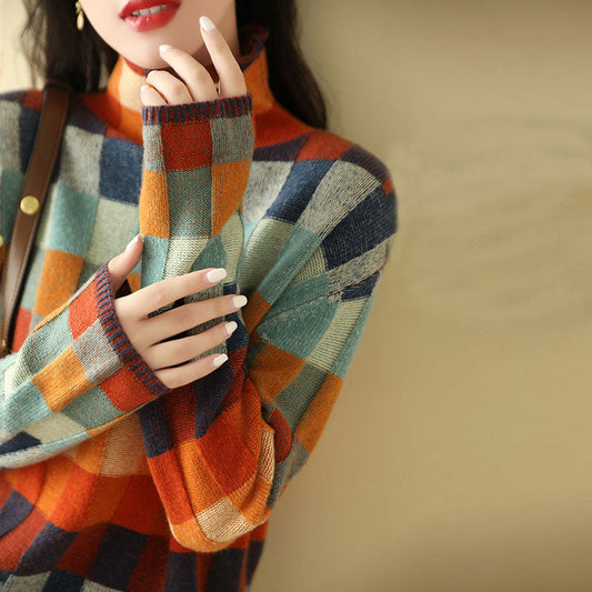 Pull en Tricot à Carreaux Colorés