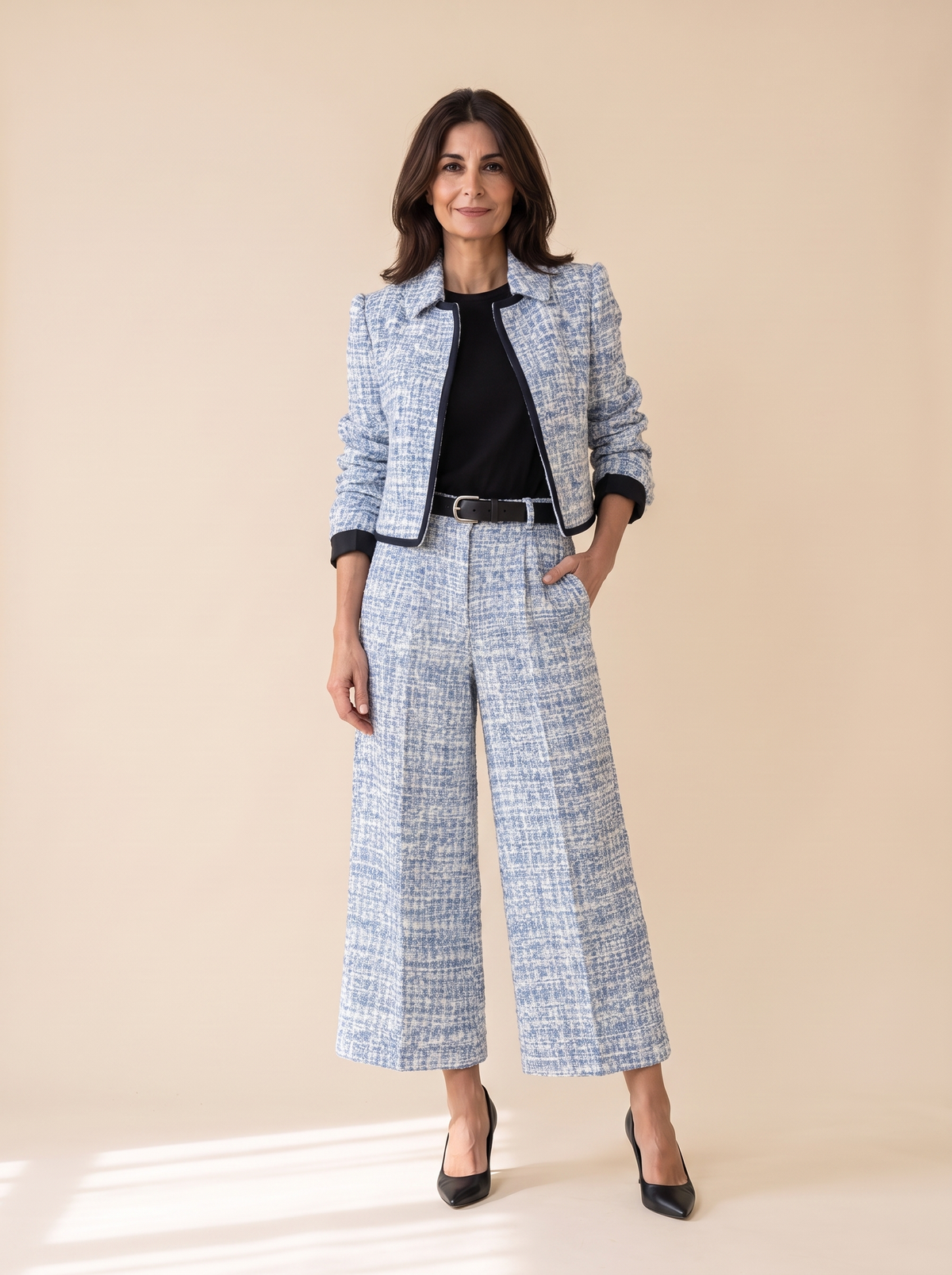 Armelle | Ensemble Veste et Pantalon Large Effet Tweed - Bleu