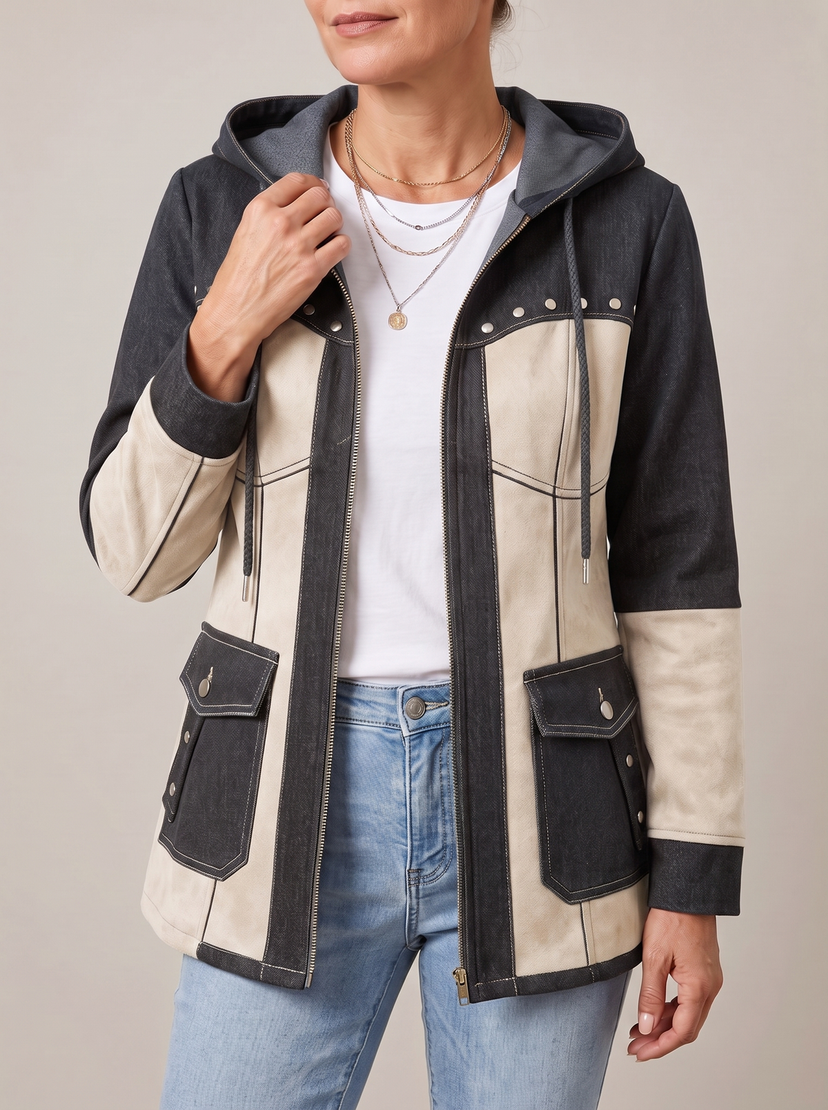 Gisèle | Veste à Capuche Bi-Matière Effet Jean et Suédine - Gris et écru