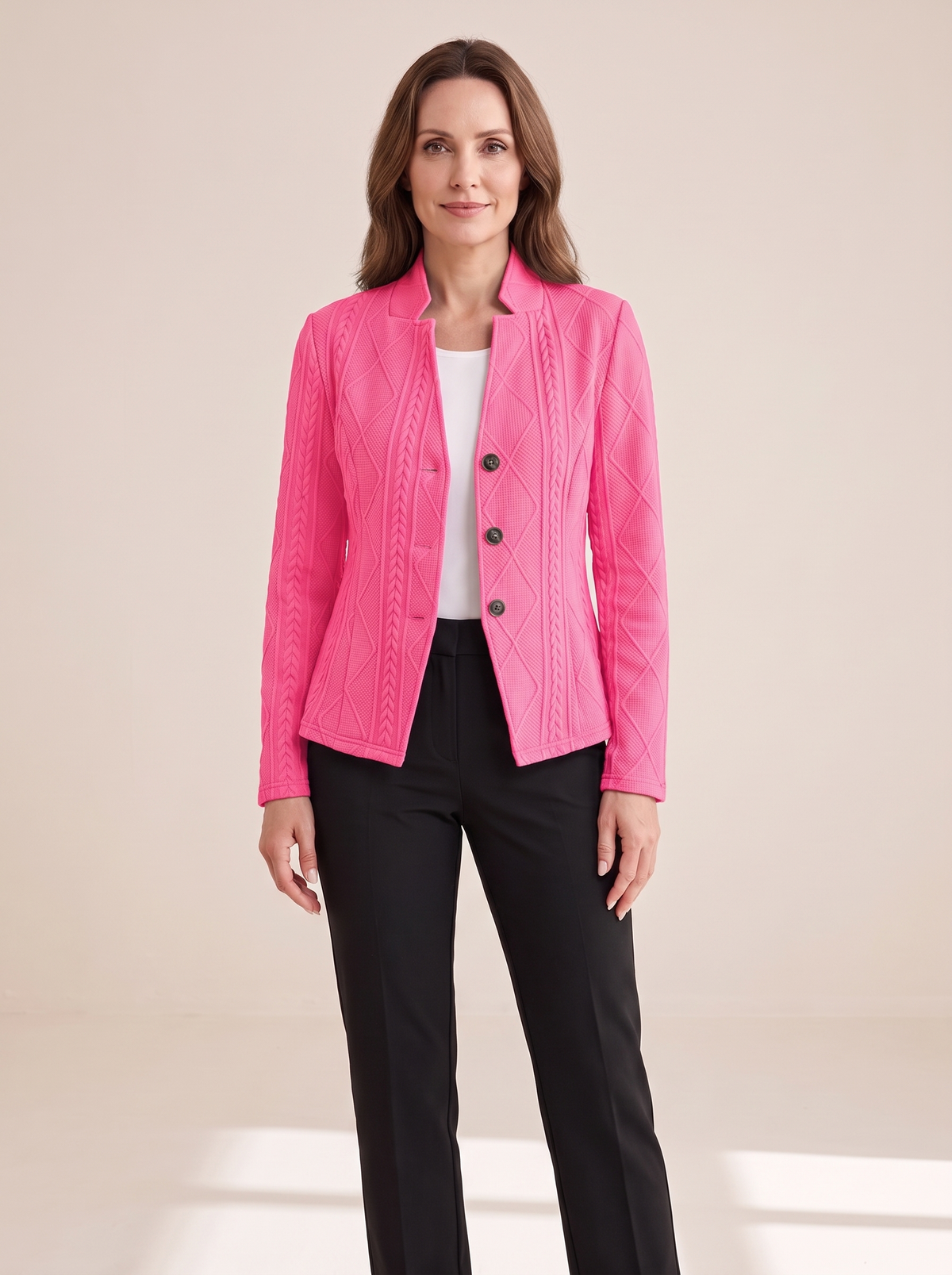 Roxane | Blazer Texturé en Maille à Col Montant - Rose vif