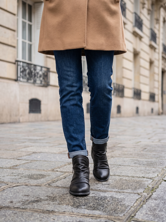 Jacinthe | Bottines Plissées à Zip Effet Cuir - Noir, dans une rue de Paris