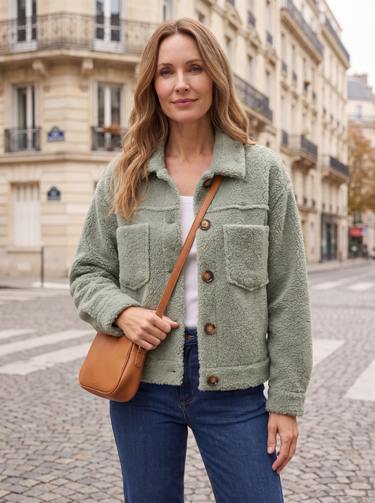 Mireille | Veste Sherpa Douce à Boutons - Vert sauge