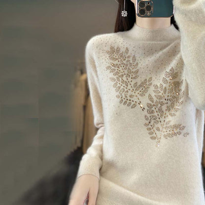 Pull en Tricot à Motif de Feuilles