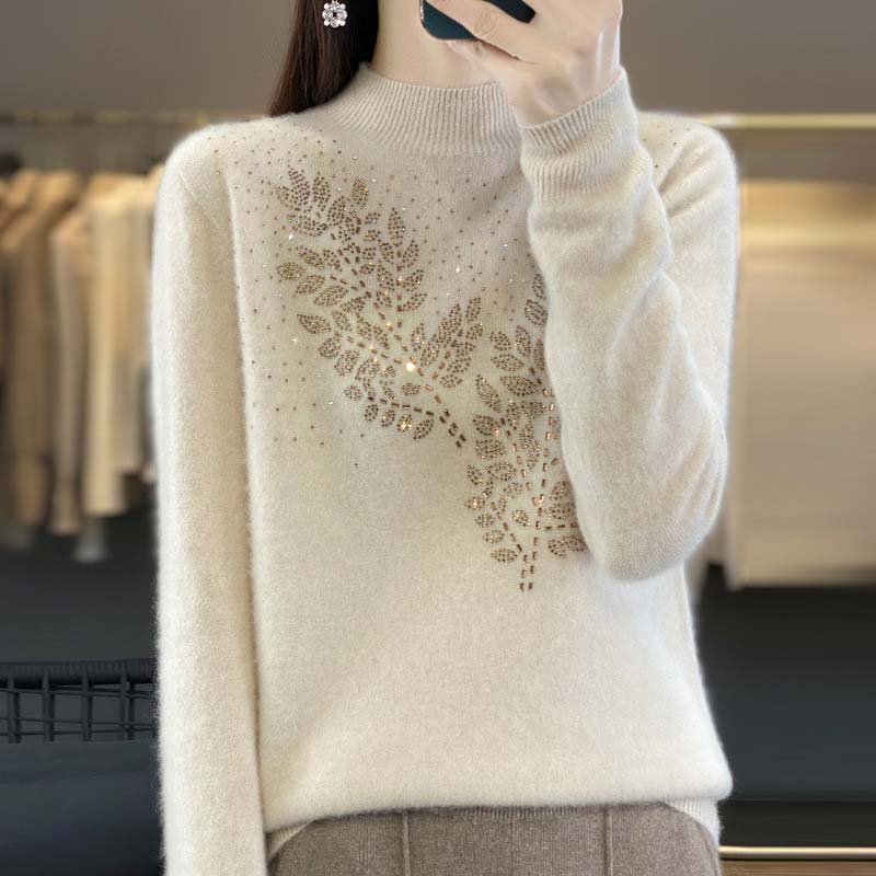 Pull en Tricot à Motif de Feuilles