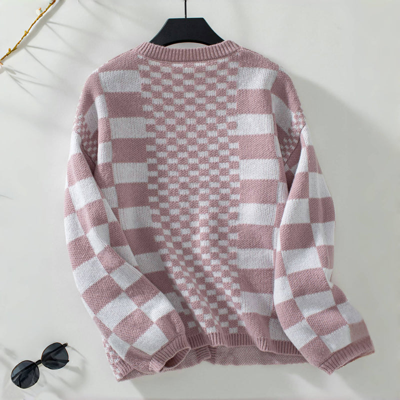 Nathalie | Cardigan Tricoté Décontracté à Carreaux
