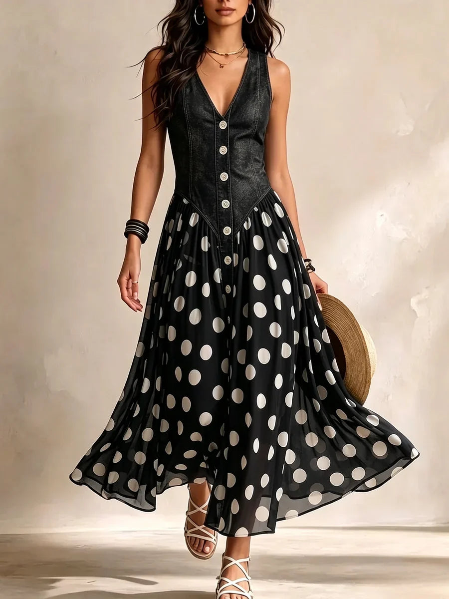 Adeline | Robe Longue Denim à Pois