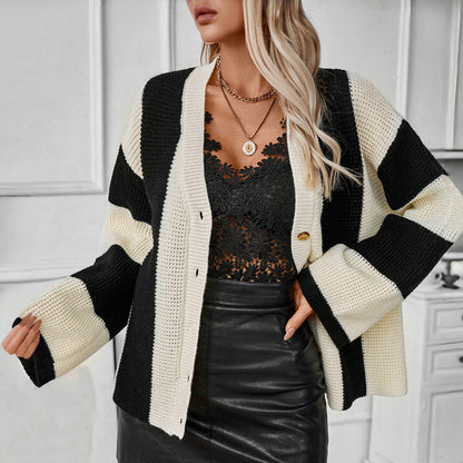 Cardigan Tricoté Décontracté à Rayures