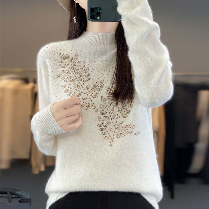 Pull en Tricot à Motif de Feuilles