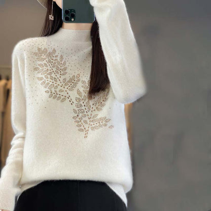 Pull en Tricot à Motif de Feuilles