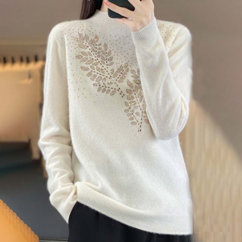 Pull en Tricot à Motif de Feuilles
