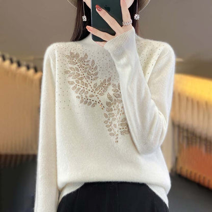 Pull en Tricot à Motif de Feuilles