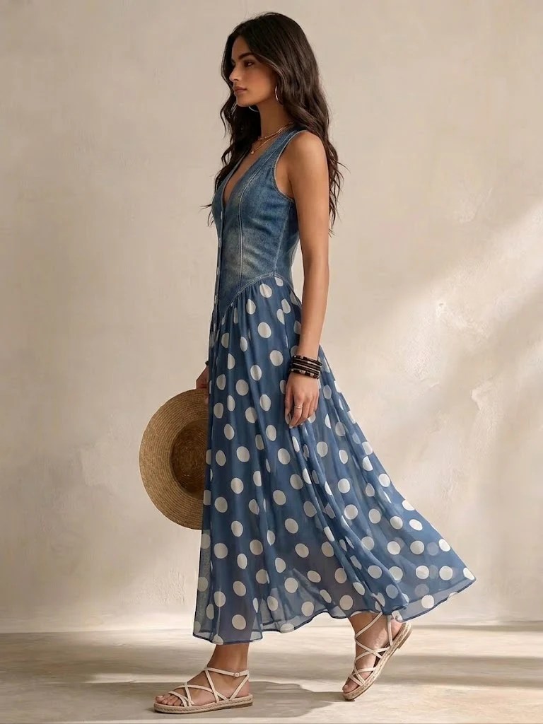 Adeline | Robe Longue Denim à Pois