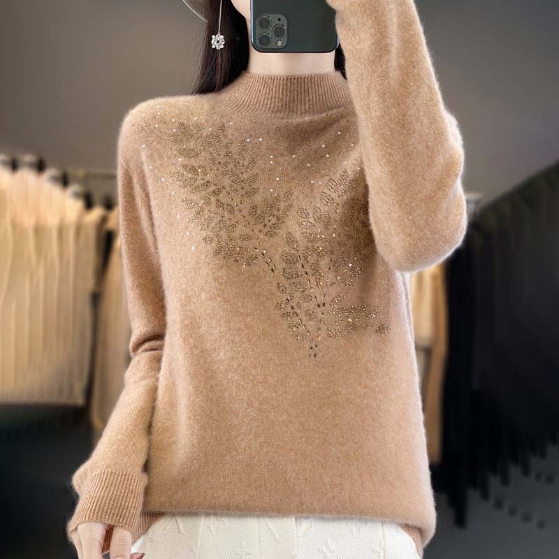 Pull en Tricot à Motif de Feuilles
