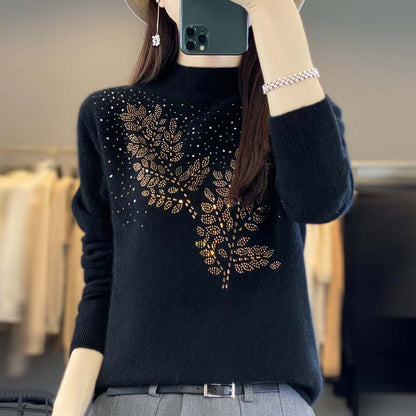 Pull en Tricot à Motif de Feuilles