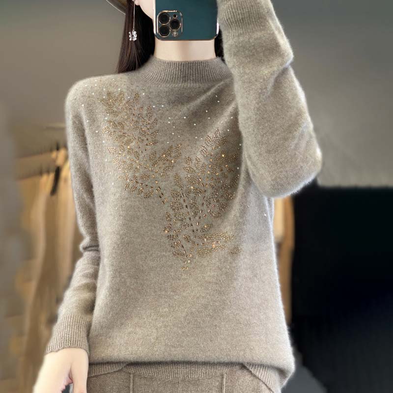 Pull en Tricot à Motif de Feuilles
