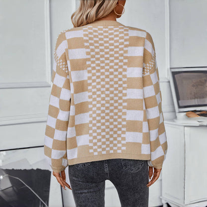 Nathalie | Cardigan Tricoté Décontracté à Carreaux
