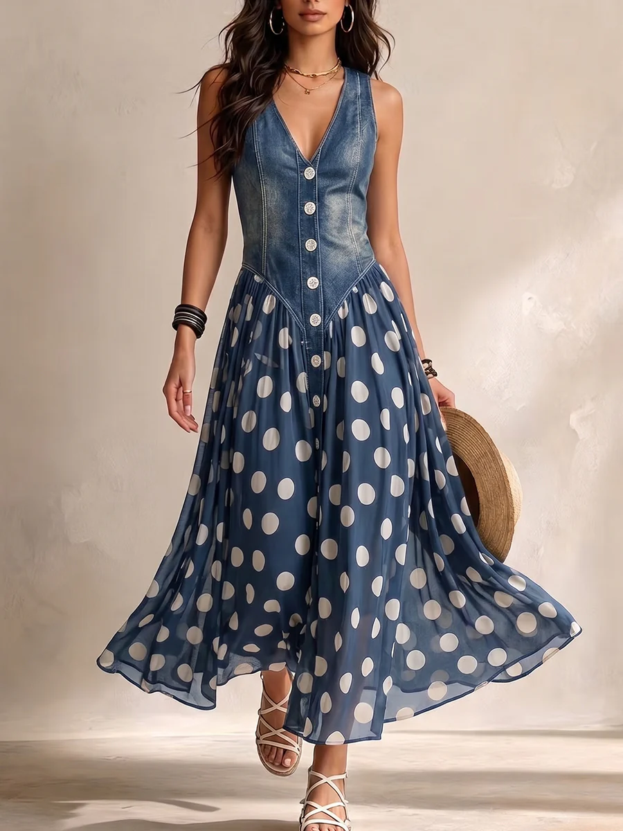 Adeline – Robe Longue Denim à Pois