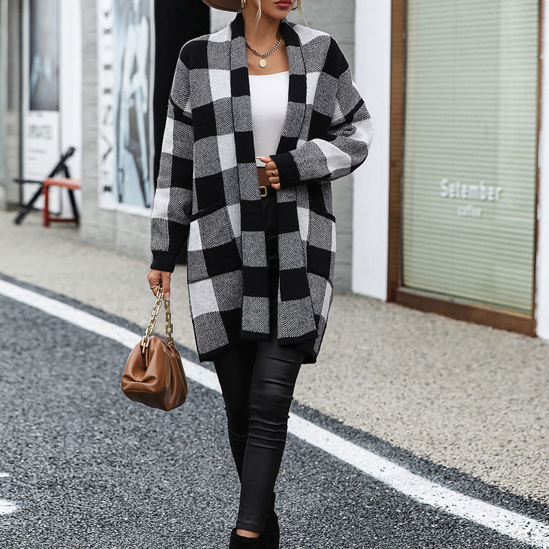 Madeleine | Cardigan Tricoté Décontracté à Carreaux