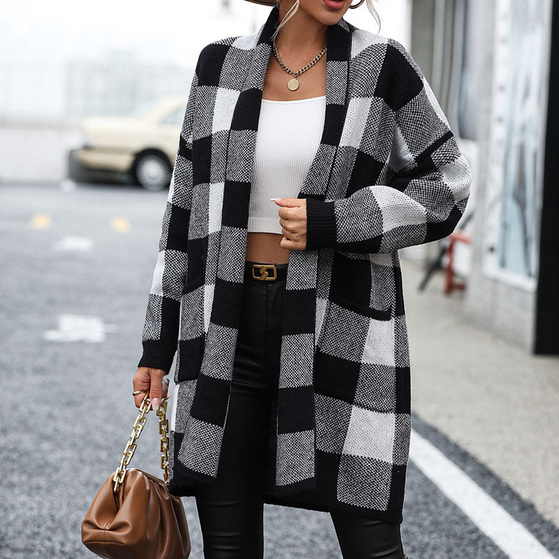 Madeleine | Cardigan Tricoté Décontracté à Carreaux