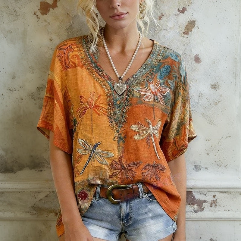 Blouse Vintage à Imprimé Libellule