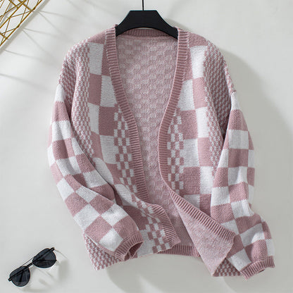 Nathalie | Cardigan Tricoté Décontracté à Carreaux