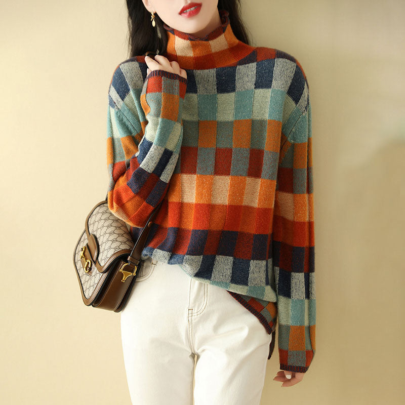 Pull en Tricot à Carreaux Colorés