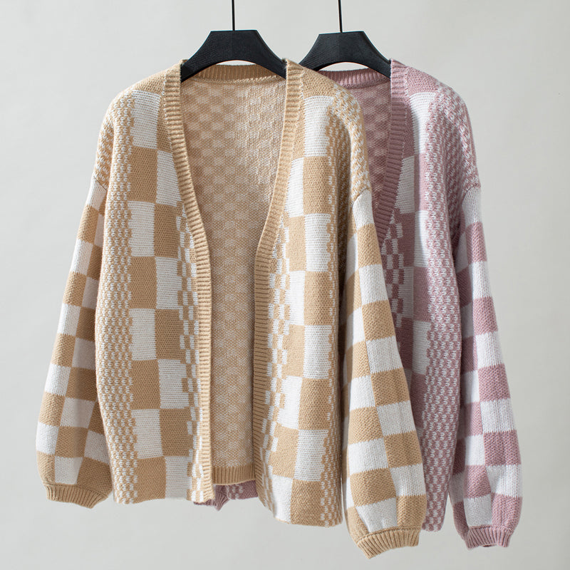 Nathalie | Cardigan Tricoté Décontracté à Carreaux