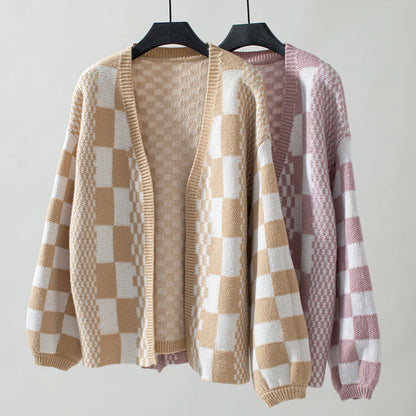 Nathalie | Cardigan Tricoté Décontracté à Carreaux