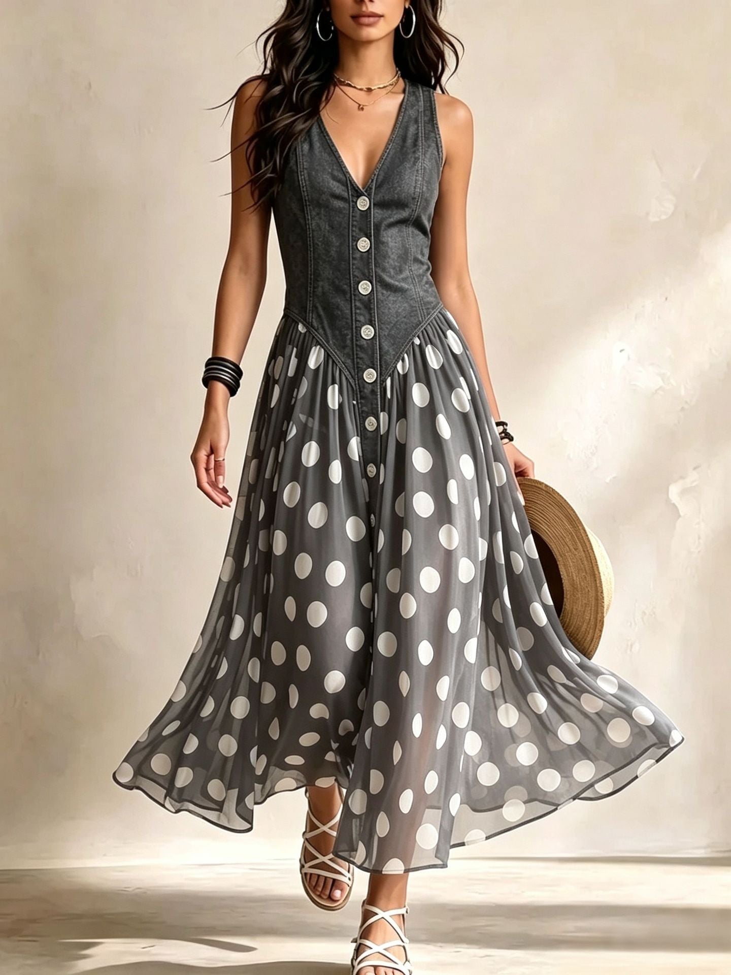 Adeline | Robe Longue Denim à Pois
