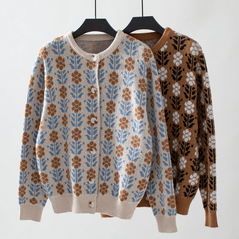 Cardigan Tricoté à Fleurs Vintage