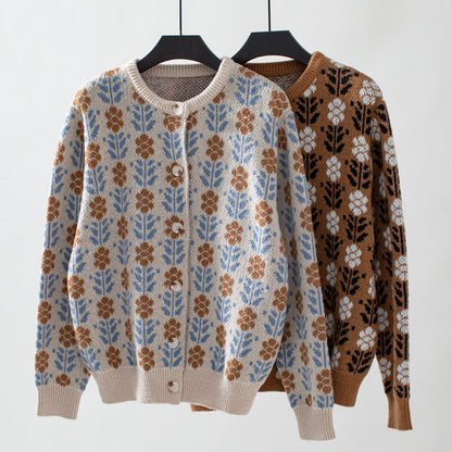 Cardigan Tricoté à Fleurs Vintage