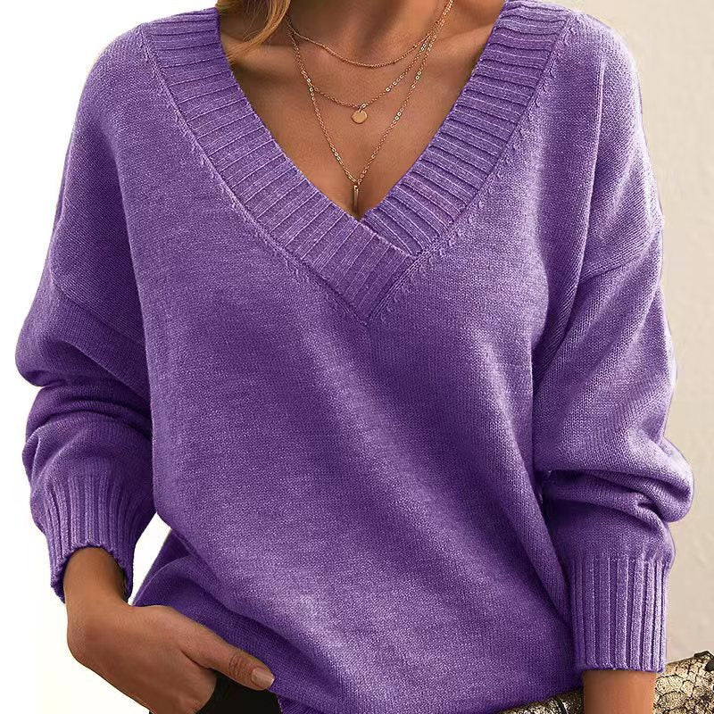 Pull Tricoté Décontracté de Couleur Unie