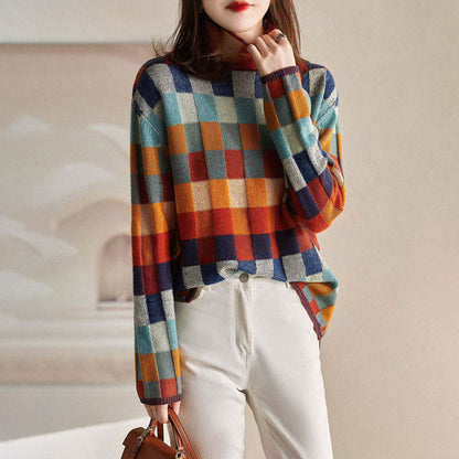 Pull en Tricot à Carreaux Colorés