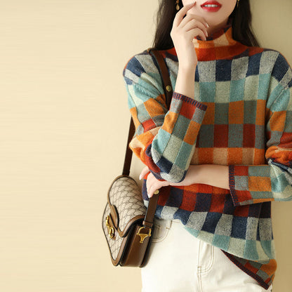 Pull en Tricot à Carreaux Colorés