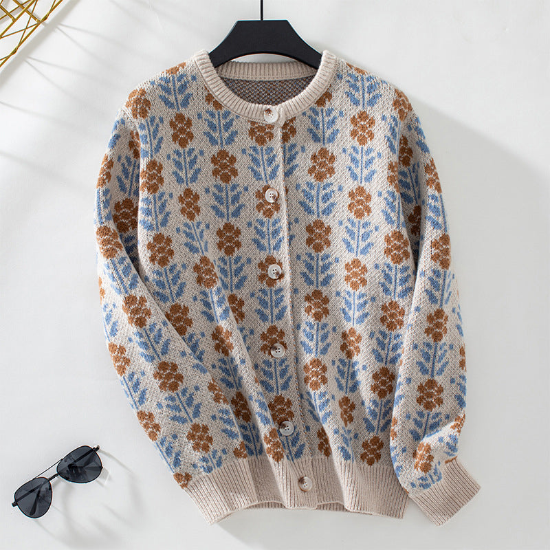 Cardigan Tricoté à Fleurs Vintage