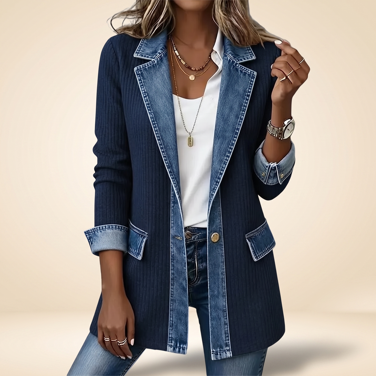 Agathe | Manteau en Maille Côtelée et Jean - Bleu marine