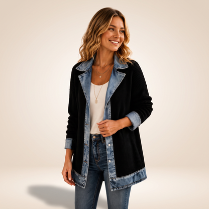 Agathe | Manteau en Maille Côtelée et Jean - Noir