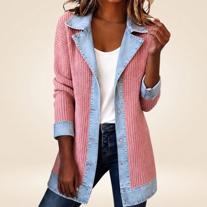 Agathe | Manteau en Maille Côtelée et Jean - Rose