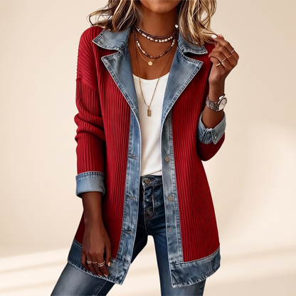 Agathe | Manteau en Maille Côtelée et Jean - Rouge