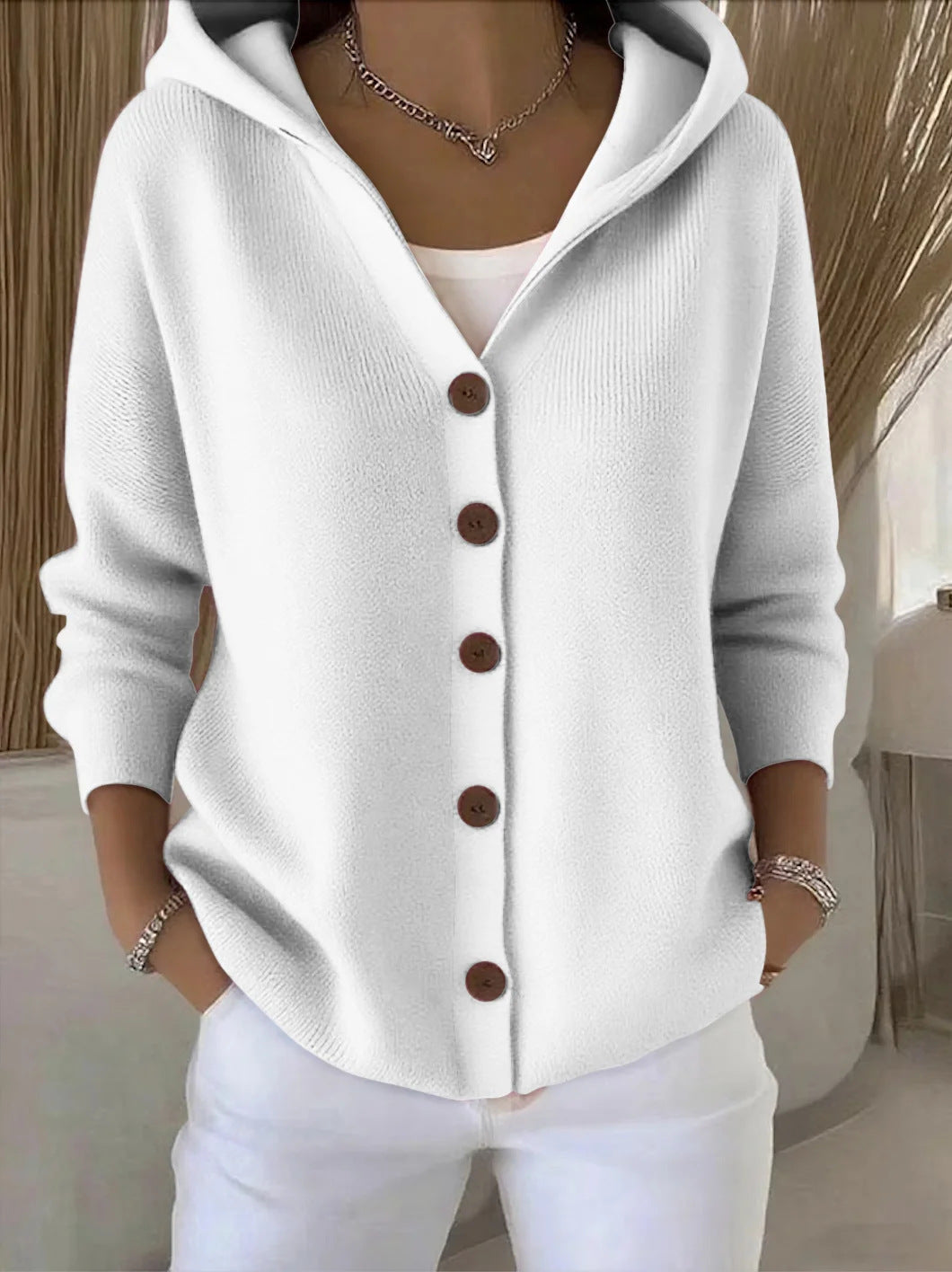 Albane | Gilet en Maille à Capuche et Boutons - Blanc