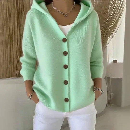 Albane | Gilet en Maille à Capuche et Boutons - Menthe