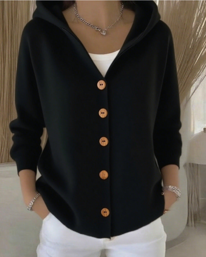 Albane | Gilet en Maille à Capuche et Boutons - Noir