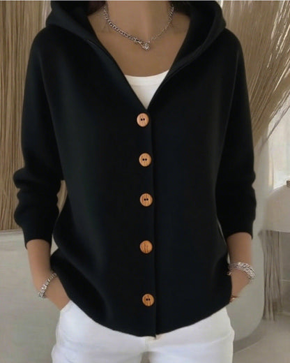 Albane | Gilet en Maille à Capuche et Boutons - Noir