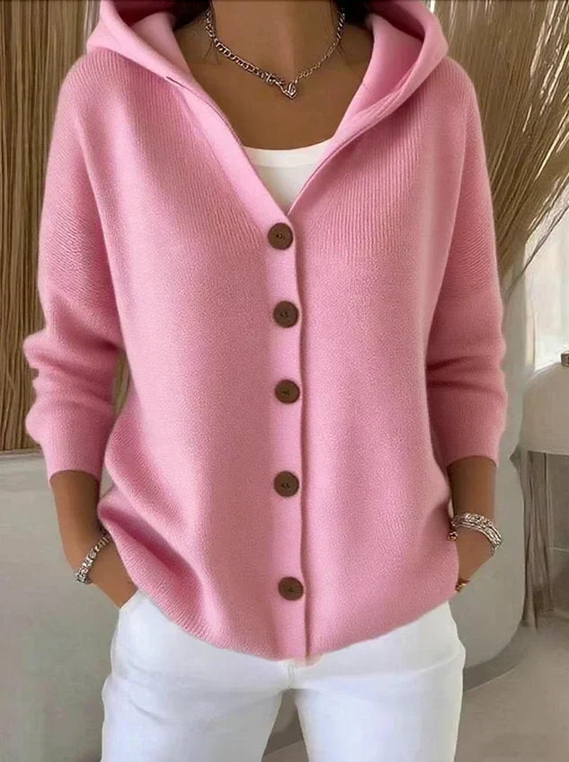 Albane | Gilet en Maille à Capuche et Boutons - Rose