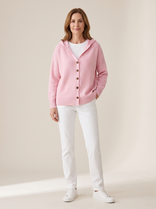 Albane | Gilet en Maille à Capuche et Boutons - Rose