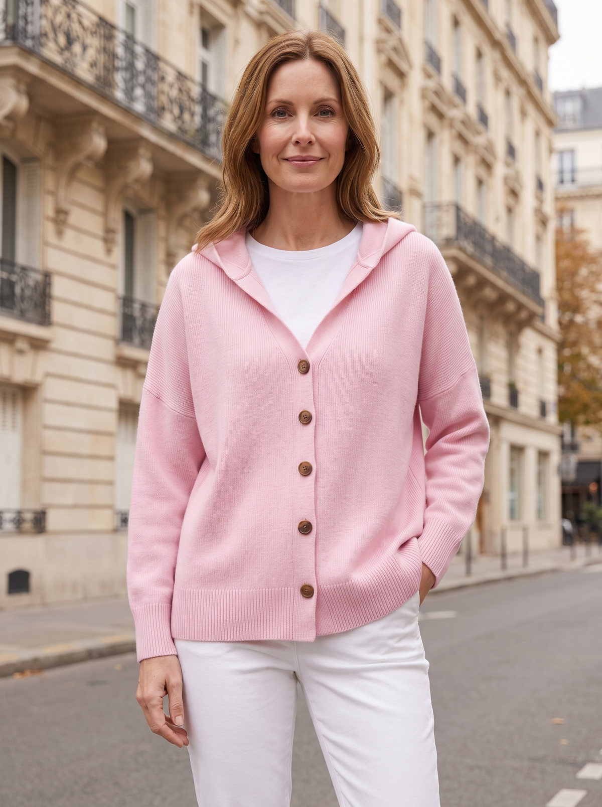 Albane | Gilet en Maille à Capuche et Boutons - Rose
