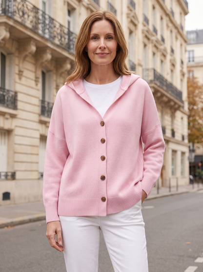 Albane | Gilet en Maille à Capuche et Boutons - Rose