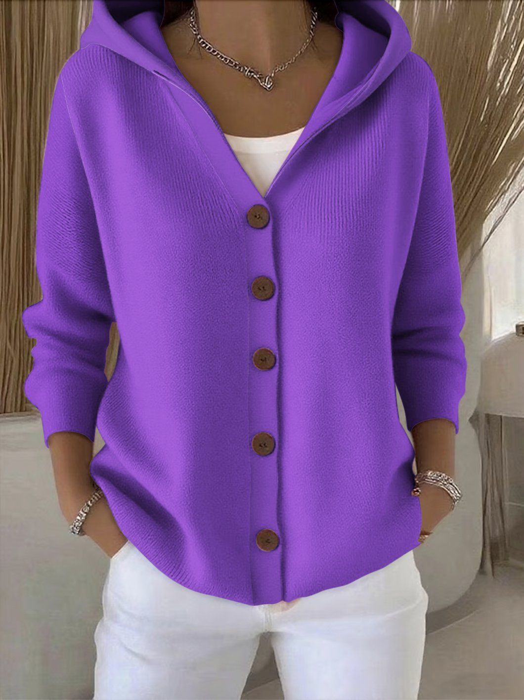 Albane | Gilet en Maille à Capuche et Boutons - Violet