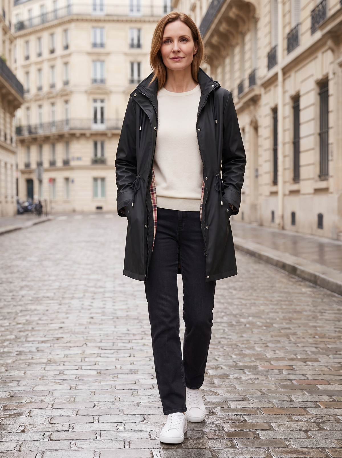Anouk | Veste Imperméable Doublée à Carreaux - Noir